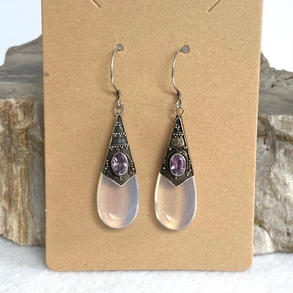 Sterling Silver 925 Oval Bezel Set Amethyst & Opalite Teardrop Dangle Earrings - Picture 11 of 16